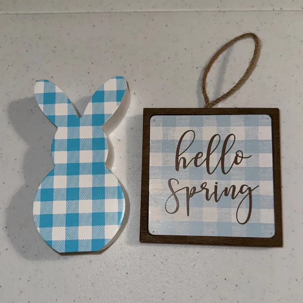 Small HELLO SPRING wood sign AND Easter Bunny Buffalo plaid spring tiered tray